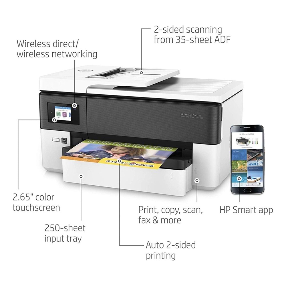 HP Officejet Pro 7720 Y0S18A Wi-Fi + Tarayıcı + Fotokopi + Faks Renkli Çok Fonksiyonlu Mürekkep Püskürtmeli Yenilenmiş Yazıcı