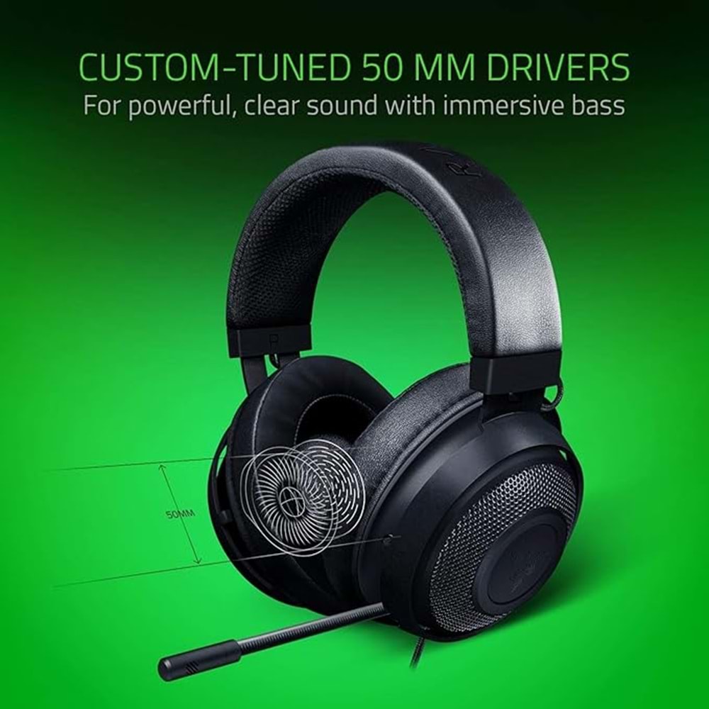 Razer Kraken - Çapraz Platform Kablolu Oyun Kulaklığı (Özel Ayarlı 50mm Sürücüler, Tek Yönlü Mikrofon, Hat içi kontrollerle 3,5 mm Kablo, Çapraz Platform Uyumlu) Siyah